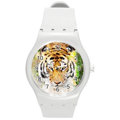 Tiger Watercolor Colorful Animal Round Plastic Sport Watch (m) by Simbadda