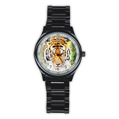 Tiger Watercolor Colorful Animal Stainless Steel Round Watch by Simbadda