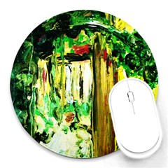 Old Tree And House With An Arch 4 Round Mousepads by bestdesignintheworld