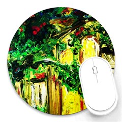 Old Tree And House With An Arch 2 Round Mousepads by bestdesignintheworld