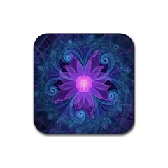 Blown Glass Flower Of An Electricblue Fractal Iris Rubber Coaster (square)  by jayaprime