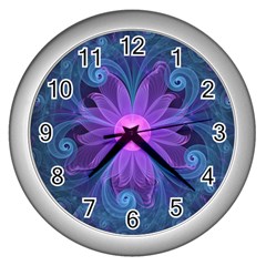 Blown Glass Flower Of An Electricblue Fractal Iris Wall Clocks (silver)  by jayaprime