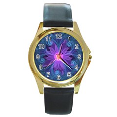 Blown Glass Flower Of An Electricblue Fractal Iris Round Gold Metal Watch by jayaprime