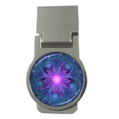 Blown Glass Flower Of An Electricblue Fractal Iris Money Clips (round)  by jayaprime