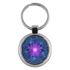 Blown Glass Flower Of An Electricblue Fractal Iris Key Chains (round)  by jayaprime