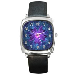 Blown Glass Flower Of An Electricblue Fractal Iris Square Metal Watch by jayaprime