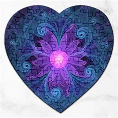 Blown Glass Flower Of An Electricblue Fractal Iris Jigsaw Puzzle (heart) by jayaprime