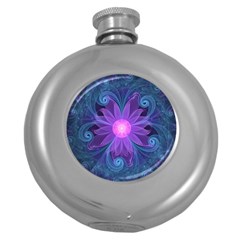 Blown Glass Flower Of An Electricblue Fractal Iris Round Hip Flask (5 Oz) by jayaprime