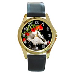 Animal Skull With A Wreath Of Wild Flower Round Gold Metal Watch by igorsin