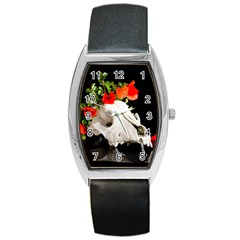 Animal Skull With A Wreath Of Wild Flower Barrel Style Metal Watch