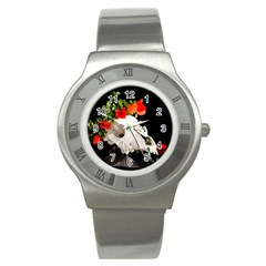 Animal Skull With A Wreath Of Wild Flower Stainless Steel Watch