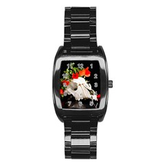 Animal Skull With A Wreath Of Wild Flower Stainless Steel Barrel Watch