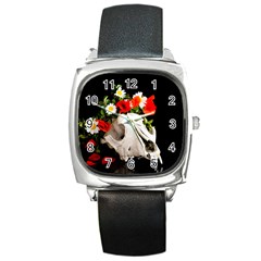 Animal Skull With A Wreath Of Wild Flower Square Metal Watch by igorsin