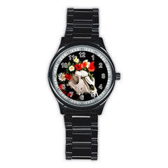 Animal Skull With A Wreath Of Wild Flower Stainless Steel Round Watch by igorsin