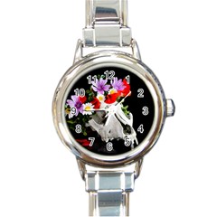 Animal Skull With A Wreath Of Wild Flower Round Italian Charm Watch by igorsin