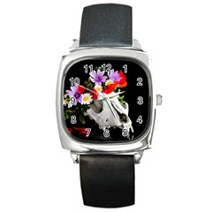 Animal Skull With A Wreath Of Wild Flower Square Metal Watch by igorsin