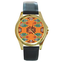 Misc Shapes On An Orange Background                                    Round Gold Metal Watch by LalyLauraFLM