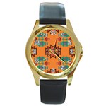 Misc shapes on an orange background                                    Round Gold Metal Watch Front