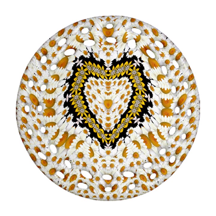 Hearts In A Field Of Fantasy Flowers In Bloom Ornament (Round Filigree)