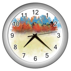 Colorful Tree Landscape In Orange And Blue Wall Clocks (silver)  by digitaldivadesigns