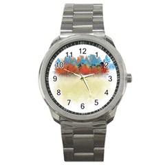 Colorful Tree Landscape In Orange And Blue Sport Metal Watch by digitaldivadesigns