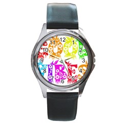 Good Vibes Rainbow Colors Funny Floral Typography Round Metal Watch by yoursparklingshop