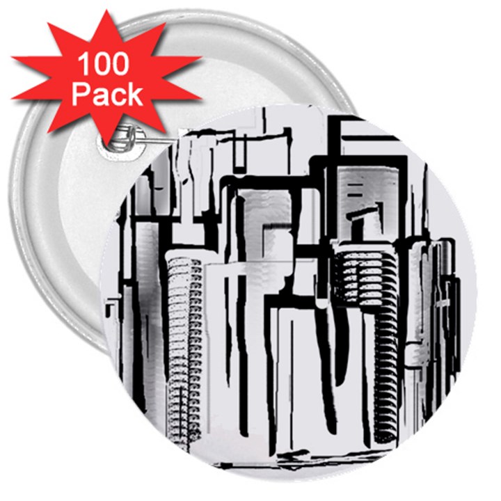 Black and White city 3  Buttons (100 pack) 