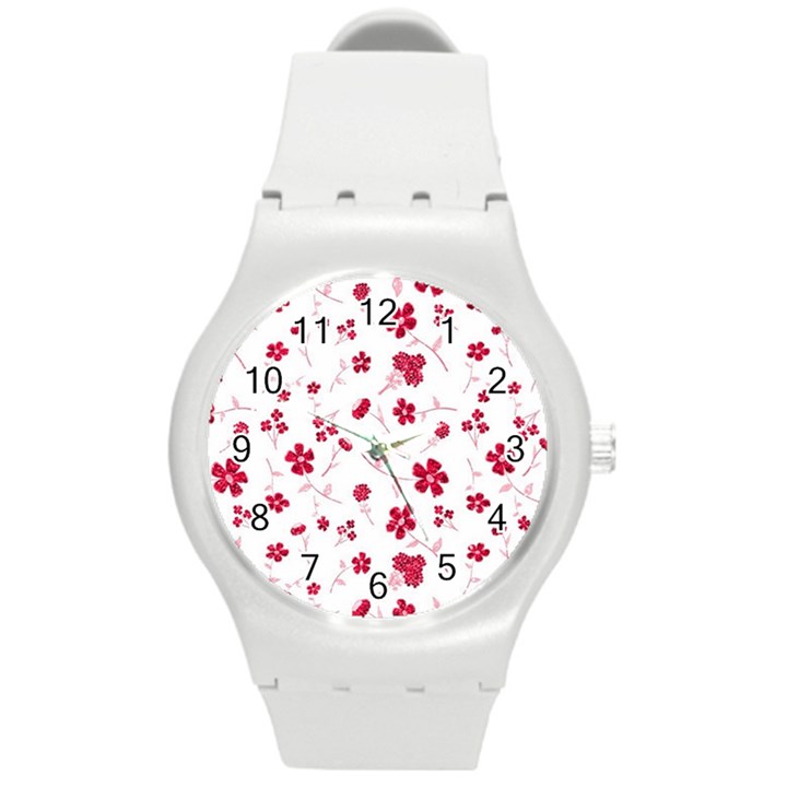 Sweet Shiny Floral Red Round Plastic Sport Watch (M)