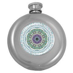 Hearts In A Decorative Star Flower Mandala Round Hip Flask (5 Oz) by pepitasart