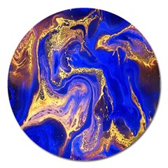 Blue Gold Marbled Magnet 5  (round) by NouveauDesign