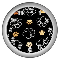 Dog Pawprint Tracks Background Pet Wall Clocks (silver)  by Nexatart