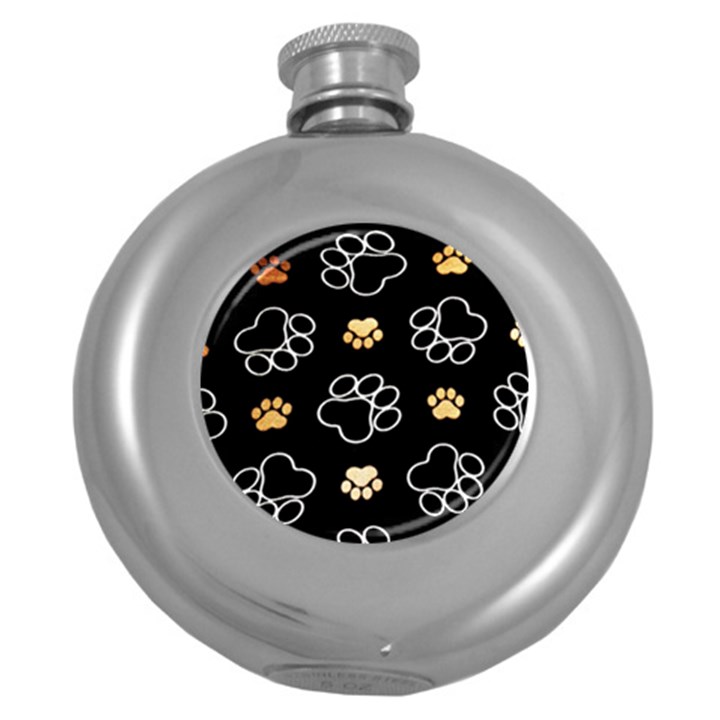 Dog Pawprint Tracks Background Pet Round Hip Flask (5 oz)