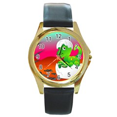 Dinosaur Dino Baby Dino Lizard Round Gold Metal Watch by Nexatart