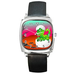 Dinosaur Dino Baby Dino Lizard Square Metal Watch by Nexatart