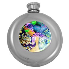 Blue Lilac On A Countertop 3 Round Hip Flask (5 Oz) by bestdesignintheworld