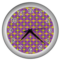 Purple Yellow Swirl Pattern Wall Clocks (silver)  by BrightVibesDesign