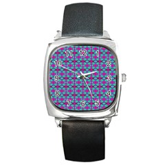 Pink Green Turquoise Swirl Pattern Square Metal Watch by BrightVibesDesign