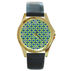 Blue Yellow Green Swirl Pattern Round Gold Metal Watch