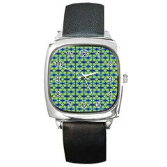 Blue Yellow Green Swirl Pattern Square Metal Watch by BrightVibesDesign