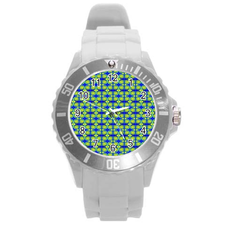 Blue Yellow Green Swirl Pattern Round Plastic Sport Watch (L)