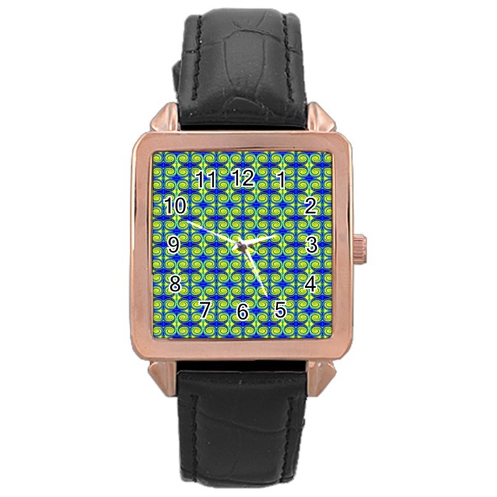 Blue Yellow Green Swirl Pattern Rose Gold Leather Watch 