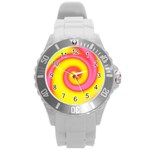 Swirl Yellow Pink Abstract Round Plastic Sport Watch (L) Front