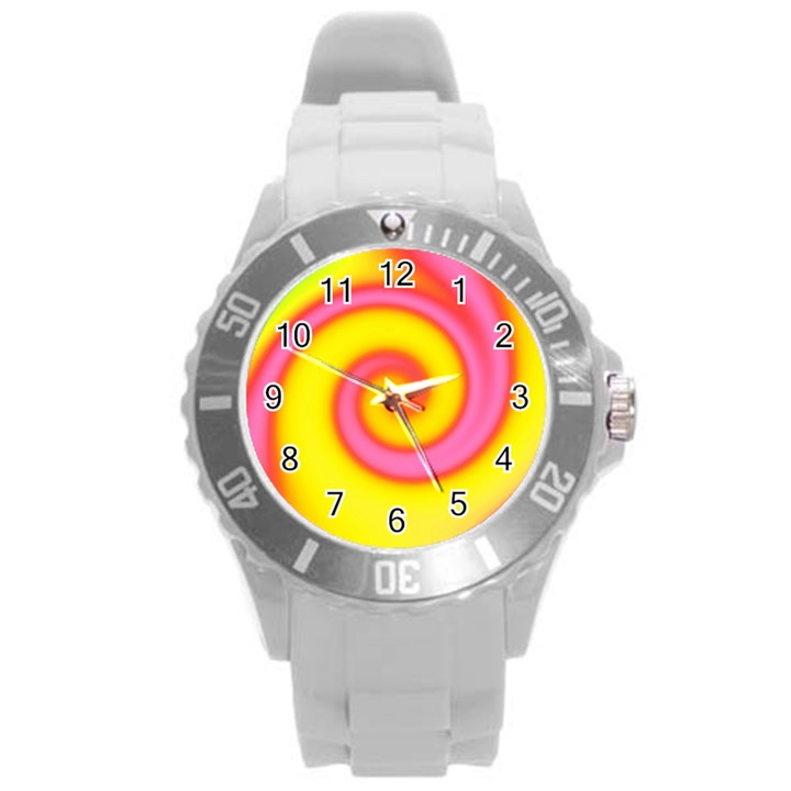 Swirl Yellow Pink Abstract Round Plastic Sport Watch (L)