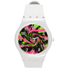 Swirl Black Pink Green Round Plastic Sport Watch (m) by BrightVibesDesign