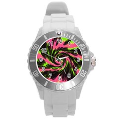 Swirl Black Pink Green Round Plastic Sport Watch (l) by BrightVibesDesign