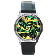 Swirl Black Yellow Green Round Metal Watch by BrightVibesDesign