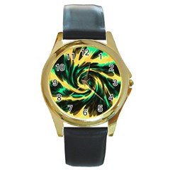 Swirl Black Yellow Green Round Gold Metal Watch by BrightVibesDesign