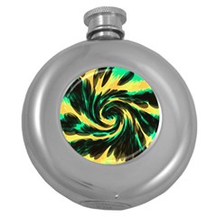 Swirl Black Yellow Green Round Hip Flask (5 Oz) by BrightVibesDesign