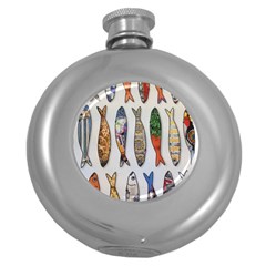 Fish Sardines Motive Pattern Round Hip Flask (5 Oz) by Sapixe