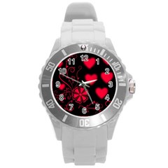 Background Hearts Ornament Romantic Round Plastic Sport Watch (l) by Sapixe